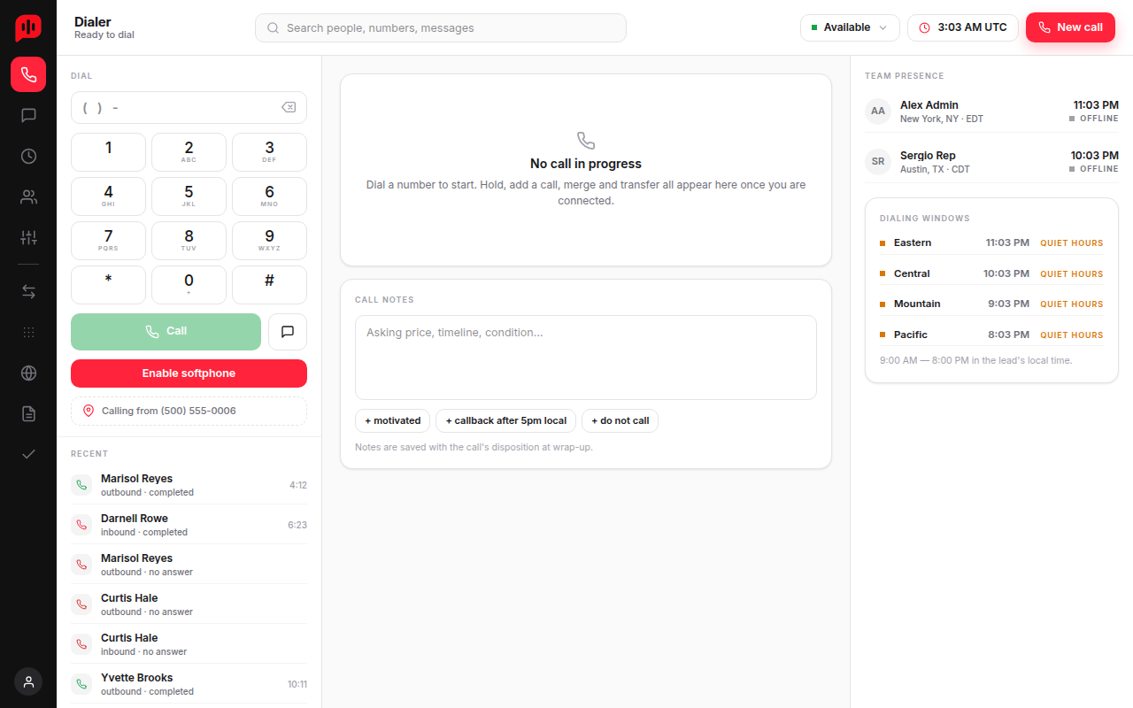The Talkr workspace on a desktop: dark rail on the left, dialer and recent calls in the middle