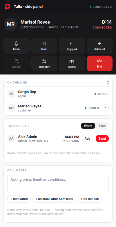 The Chrome extension side panel during a call